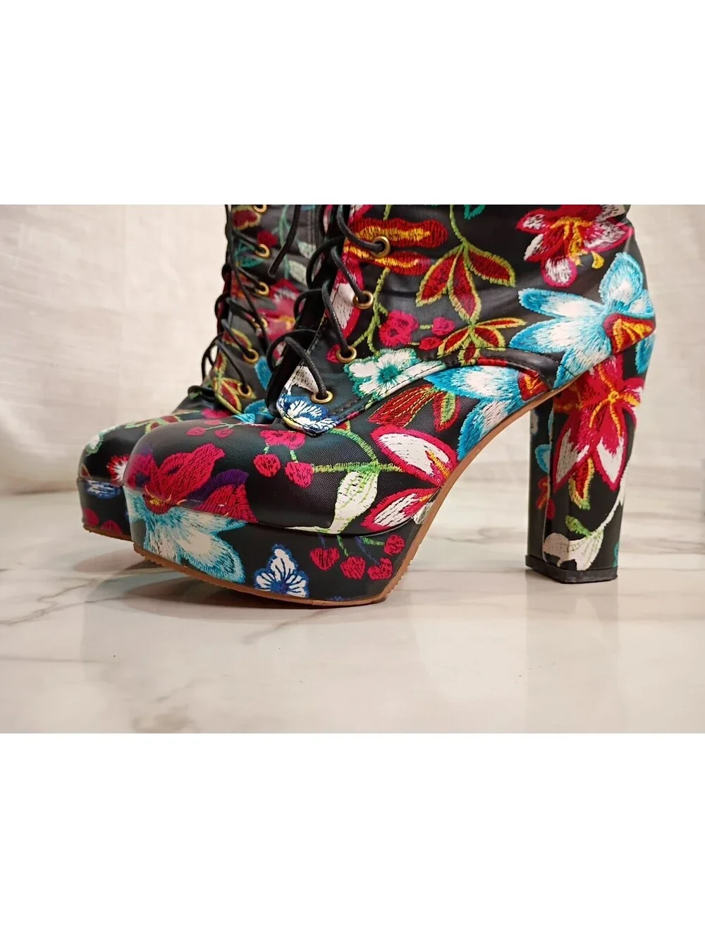 Womens Faux Leather Lace Up Platform Block Heels Embroidery Floral Ankle Boots